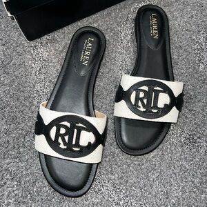 Ralph Lauren Black and Cream Logo Slide Sandals